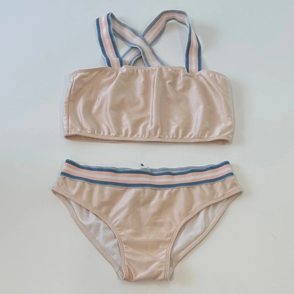 Planet Sea Girls Rose Gold Metallic Striped Bikini‎ Two Piece Swimsuit Size 16